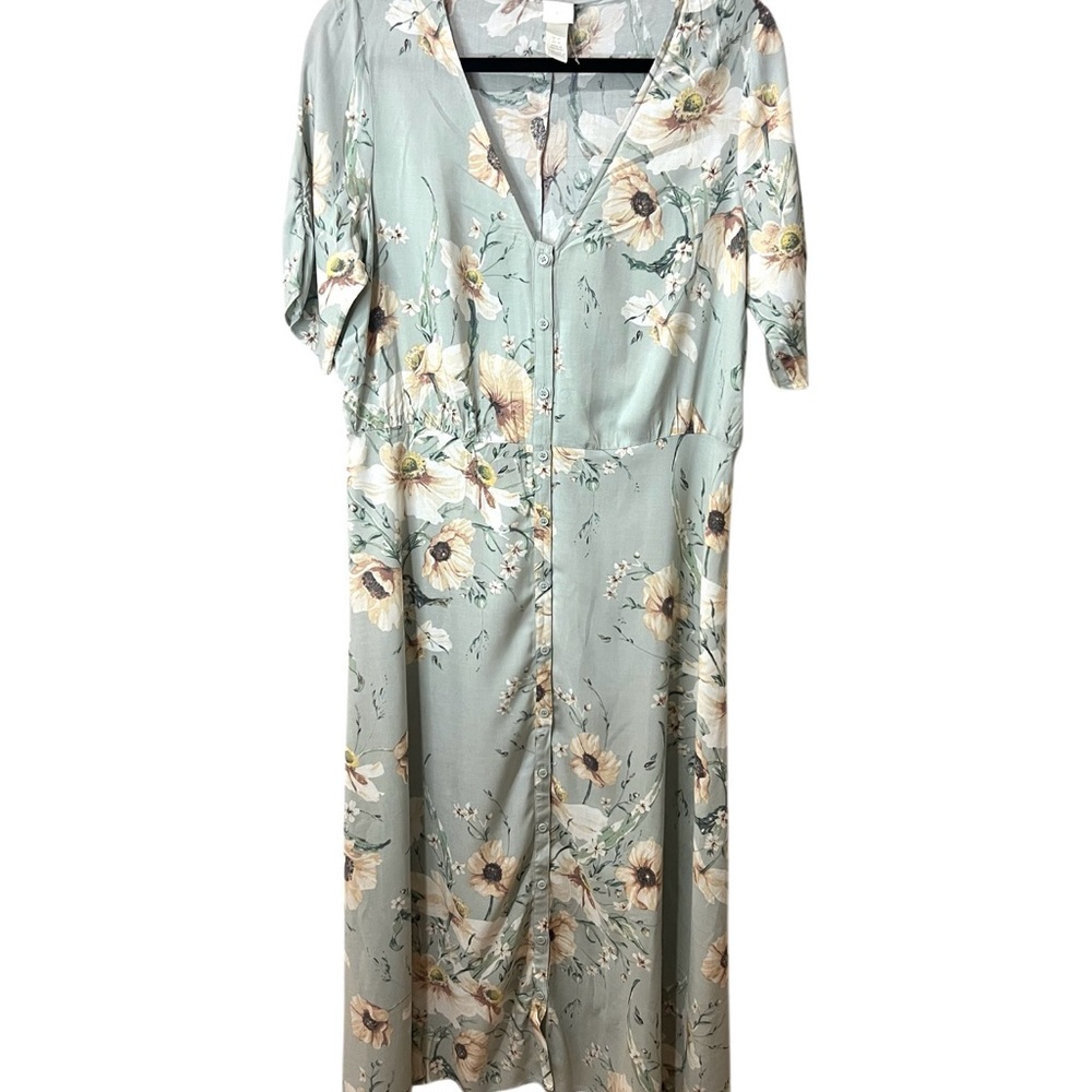 H & M Floral V Neck Button Down Short Sleeve Summer Midi Dress SZ 10 NWOT - Picture 2 of 11
